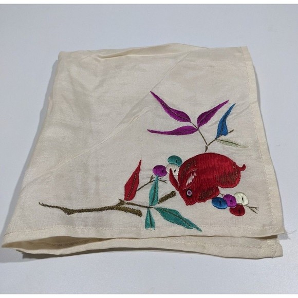 Vintage Embroidered Hankie Handkerchief Rabbit Red Hare Pocket Scarf Silky - Picture 2 of 6